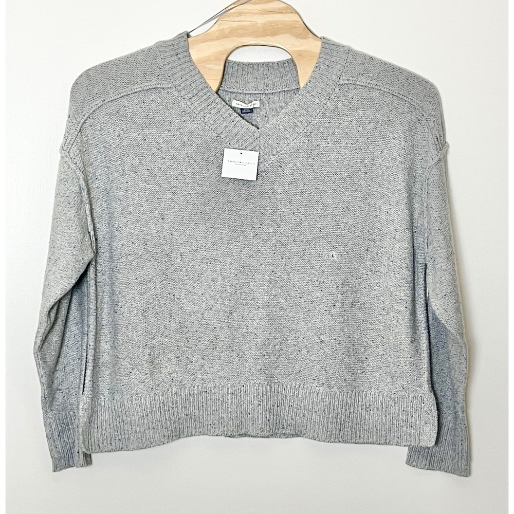 NWT American Eagle V-Neck Sweater Women's Large Gray Speckled Cozycore